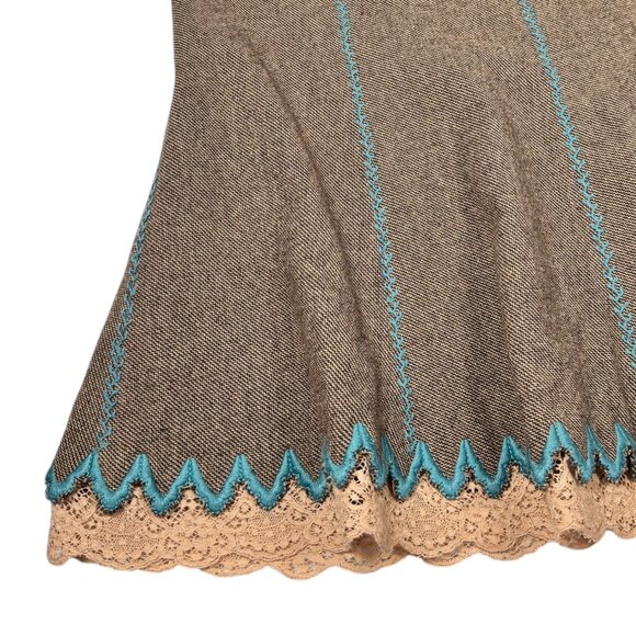 Tibi Embroidered Tweed Mid Skirt Sz S Tan Wool Blend A-Line Retro Cottage Twee - Picture 4 of 10